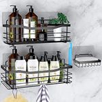 Orimade Shower Caddy Basket Soap Dish Holder Shelf with 5 Hooks Bathroom Organiser Shelf Kitchen Storage Rack Wall Mounted Adhesive No Drilling SUS304 Stainless Steel - 3 Pack (Black)