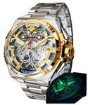 OUPINKE Watch for Men Automatic Wristwatch Sapphire Crystal Calendar Skeleton Luminous 3D Dial with 5ATM Waterproof Luxury Tungsten Steel Strap, Gold&Blue