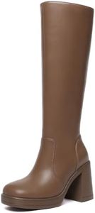 Athlefit Tan Boots Knee High Boots for Women Chunky High Heeled Boots Square Toe Faux Leather Tall Boots Size 6.5