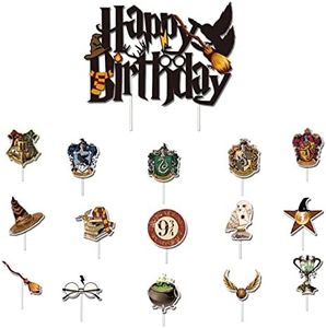 Yiran 16pcs Harry Potter Happy Birthday Cake Toppers for Boys, Harry Potter Cake Toppers, Harry Potter Cake Decorations Cupcake Toppers for Girls,Kids Black Magical Wizard Inspired Theme Party Supply