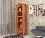 PS DECOR Wooden Bookshelf with Glass Door Cabinet, 4 Shelves 2 Drawers, Sheesham Wood (Natural Finish)