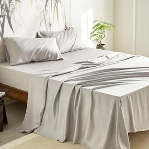 Wake In Cloud - 100% Bamboo Sheets, Ultra Soft Sheet Set Bedding for Hot Sleepers, Deep Pocket, 4 Pieces, Silver Grey, Queen Size