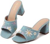 Tilocow Chunky Heeled Sandals for Women Square Toe Slip On Mules Comfortable Low Block Heels Embroidered Sandals Summer Boho Dress Shoes