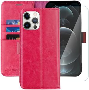 MONASAY Wallet Case Compatible for iPhone 12 Pro/iPhone 12 5G,6.1-inch [Glass Screen Protector Included] [RFID Blocking] Flip Folio Leather Cell Phone Cover with Credit Card Holder, Hot-Pink