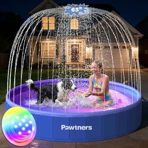 Pawtners 63" Foldable Dog Pool with Sprinkler & RGB LED Light, Blue