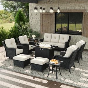 Aeeiua 10 Piece Patio Furniture Set with Fire Pit Table, All-Weather Wicker Outdoor Conversation Set with Swivel Rocking Chair and 6 Inch Thick Cushions