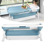 HENGMEI Foldable Bathtub Adult XL Mobile Portable Bathtub with Cover Massage Rollers and Bath Shelf, Blue (128 x 62 x 52 cm)