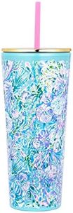 Lilly Pulitzer Double Wall Tumbler with Lid and Reusable Straw, Insulated Travel Cup Holds 24 Ounces, Soleil It On Me