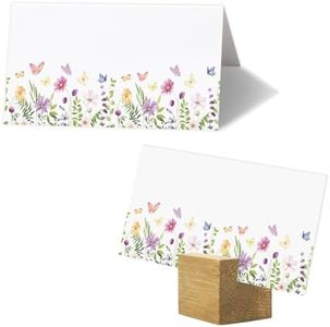 Whaline 100Pcs Floral Place Cards 3.5 x 2 Inch Wildflower Butterfly Tented Cards Seating Cards Blank Table Name Signs for Spring Holiday Buffet Party Table Setting Supplies