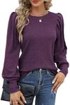 HOTOUCH Puff Sleeve Blouses for Women Lightweight Knit Pullover Shirts Soft O-Neck Slim Tops Deep Durple L