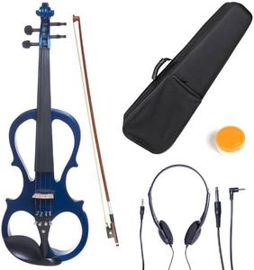 Cecilio Silent Electric Solid Wood Violin with Ebony Fittings, Electric Violin Kit (Full Body - Blue)