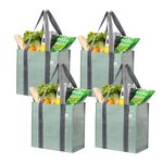 VENO 4 Pack Reusable Grocery Bags and Shopping Bags with Handles and Hard Bottom, Compact Convenience Size. Foldable, Durable, Heavy Duty Utility Tote - Perfect for Shopping Cart (Light Green, 4 Pack)