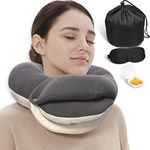 BUYUE Travel Neck Pillows for Airplanes, 360° Head Support Sleep for Long Flight, Skin-Friendly & Breathable, Kit with 3D Contoured Eye Mask, Earplugs and Storage Bag (Adult, Grey, 100+ lbs)