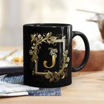 Gift Arcadia Golden Floral Alphabet Letter J Printed Coffee Mug Gift for Girl, boy,Wife,Husband,Girlfriend Boyfriend,Kids,Brother,Sister,Love and Valentines Day- 1pcs, Black, 330ml (AL-J)