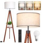 OUTON Tripod Floor Lamp with Shelves, Mid Century Dimmable Wood Floor Lamp with Remote Control, 58.5" Tall Standing Floor Lamp with Linen Shade for Bedroom, Living Room, Office