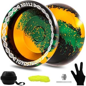 YOYOSTUDIO X0312 Trick Yoyo Professional Responsive Yoyo for Kids 8-12 Unresponsive Fingerspin Yo yo for Kids Adults Metal Yoyo with Bearing Kit, 10 Yo-Yo Strings, Case & Glove (Black Green Orange)