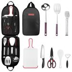 Odoland 8 Pcs Camping Cookware Utensils Travel Set, Camp Kitchen Utensil Organizer with Tongs, Scissors, Knife, Cutting Board, Rice Paddle and Water Resistant Case for Backpacking, Outdoor Camping