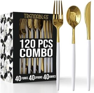 Trendables 120 Pack Disposable Silverware Set - Plastic Cutlery Dinnerware - Includes 40 - Plastic Forks - Plastic Spoons - Plastic Knives - White & Gold Plastic Silverware Plastic Utensils Party Set