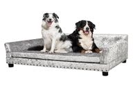 BingoPaw Large Dog Sofa Couch: Luxury Velvet Upholstered Pet Sofa Lounge Bed for Large Dogs - Wooden Frame Raised Puppy Sofa Chair with Comfortable Cushion Mat Grey XL(120x74cm)