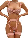 Aphrotiny Women's Sexy Embroidered Lace Lingerie Set Garter Belt 3 Piece Sheer Underwire Push Up Bra and Panty Sets Pink