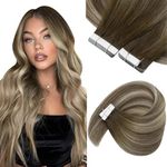 Sunny Hair Tape in Hair Extensions Human Hair Invisible Tape in Hair Extensions Straight Tape in Extensions Hair Extensions for Women 20Pcs 16inch Dark Brown to Brown with Blonde
