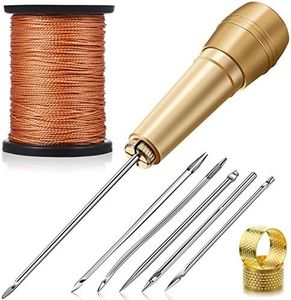 6 Pieces Canvas Leather Sewing Awl Needle with Copper Handle, 50 m Nylon Cord Thread and 2 Pieces Thimble for Handmade Leather Sewing Tools Shoe and Leather Repair