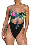 Viottiset Women's Cut Out Drawstring One Piece Swimsuit Cheeky High Cut Bathing Suit, Black Tropical Floral Pattern, Small