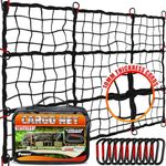 [Premium] 5'x7' Heavy Duty Cargo Net Stretches to 10' x 14', Extra Thick 10mm Cord Bungee Cargo Netting for Pickup Truck Bed, Roof Rack Net & 12 PCS Steel Carabiners