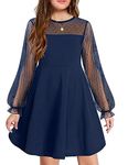 Arshiner Girl's Mesh Dress Long sleeve Blue Winnter Round Neck A Line Formal Dresses with Pockets 11-12 Years