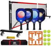 Pickleball Net with Wheels, Driveway Pickleball Set with net, 4 Lightweight Fiberglass Pickleball Paddles, 8 Outdoor Pickleballs, Pickleball Court Marking Kit and Portable Carry Bag