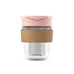 SoleCup. Travel Mug Loose Tea Infuser - Detachable Tea Strainer with Spillproof Lid - BPA-Free Reusable Glass Travel Coffee Cup with Cork Band (Pink)