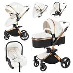 Magic ZC PU Leather 3 in 1 Pushchair Pram Travel System, Baby Stroller 3 in 1 with 360° Rotatable Seat, Newborn Infant Carriage One-Click Folding, Toddler Buggy Aluminum Frame (906 White)