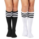 Durio Women's Knee High Socks Thigh High Socks Long Stockings Athletic Casual Striped Tubes 2 Pack Black White & White Black One Size