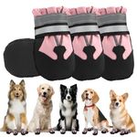 QKURT 4 Pieces Dog Boots Paw Protector, Waterproof Dog Shoes with Reflective Straps, Adjustable Washable Non-Slip, for Injured Paws, Outdoor Paw Protectors for Small Medium Large Dogs