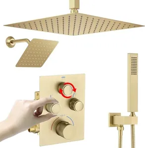 NPYSVSSS Dual Shower Heads Shower System with 16" Ceiling Mounted Rain Shower Head & 6" Wall Mounted Head Full Body Shower System 3 Way Thermostatic Shower Valve Can All Run Together, Brushed Gold