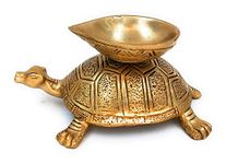 Kartique Brass Oil Lamp Diya on Tortoise for Temple Home Décor Can be Used as Camphor Kapur Burner Gold Color