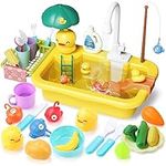 QIZEBABY Play Kitchen Sink Toys with Automatic Water Cycle System,Play Kitchen Accessories for Kids, Fishing Game and Pretend Play Food Toys for Toddler,Gift for Girls Boys Toddlers Kids