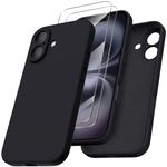 ORNARTO Compatible with iPhone 16 Case with 2 x Screen Protector,Shockproof Liquid Silicone Gel Rubber Cover,Drop Protection Phone Case for iPhone 16 Case-Black