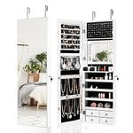 COSTWAY LED Lights Jewelry Cabinet, Door Hanging/Wall Mounted Jewelry Armoire with Full Length Mirror, Lockable Makeup Cosmetics Jewellery Storage Organiser Unit Gift for Bedroom Dressing Room (White)