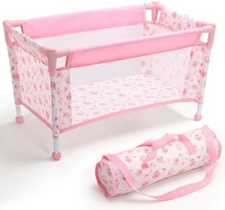 Baby Doll Crib for 12-18 Inch Dolls, Chyyeerkidd Pack and Play Pink Floral Baby Doll Bed with Carry Bag, Travel-Friendly Reborn Baby Doll Accessories for Girls Ages 3+, Easy Assembly (White)