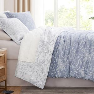 Southshore Fine Living, Inc. Queen Size Comforter Sets, Hotel Quality Bedding, Floral Bed Spread with Matching Shams, Reversible Print is 2 Colors in 1, Fits Queen & Full Beds, Winter Brush Blue/White