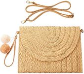 Frienda Straw Shoulder Bag Clutch Straw Crossbody Bag Beach Straw Handmade Bag Woven Rattan Bag for Women Envelope Wallet, Light Brown, Medium