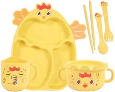 Spanker 7 Piece Mealtime Bamboo Dinnerware for Kids Toddler, Plate and Bowl Set Eco Friendly Dishwasher Safe Great Gift for Birthday - Kuku Cock (Yellow)