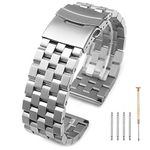 Kai Tian Super Engineer Screw Fixed Links 24mm Silver Watch Strap 316L Brushed Finish Solid Stainless Steel Watch Band with Double Flip Lock Diver's Clasp for Men Women