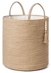 Mkono Tall Wicker Laundry Basket Woven Storage Basket Decorative Natural Rope Basket Wooden Bead Decoration for Blankets,Toys,Clothes,Shoes,Plant Organizer Bin with Handles Living Room 15"Wx17.7"L