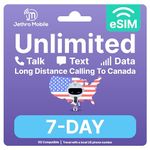 eSIM USA, Unlimited Call/Text/Data, Uses T-Mobile, Easy to Use, Quick Activation, Reloadable, Unlimited Calling to Canada, Jethro Mobile Prepaid US SIM Card for Canadian Traveler (7 Days)