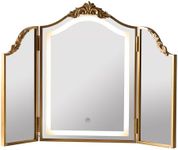 HSDDHOME Antique Gold Triple Fold Makeup Mirror with Tri-Color LED Lighting & Dimming, Baroque Carved Arch Vintage Vanity Mirror, Bohemian Decor for Bedroom/Dressing Room, 31x23 Inch