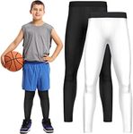 Boys' Compression Leggings 2 Pack Athletic Tights Basketball Compression Pants Boys Sport Leggings, Black, White, Small