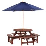 BrackenStyle Brown Picnic Pub Bench 8 Seater Round Wooden Garden Patio Table Thick Timbers Dip Treated With Parasol (Navy Blue)