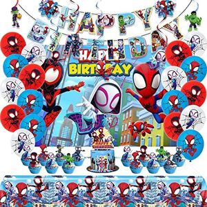 Eazyco Spider-Man and His Amazing Friends Birthday Party Decorations, Supplies Set Include Banner, Backdrop, Balloons, Hanging Swirls, Cake Toppers, Tablecloth for Boys and Girls Theme Multicolor